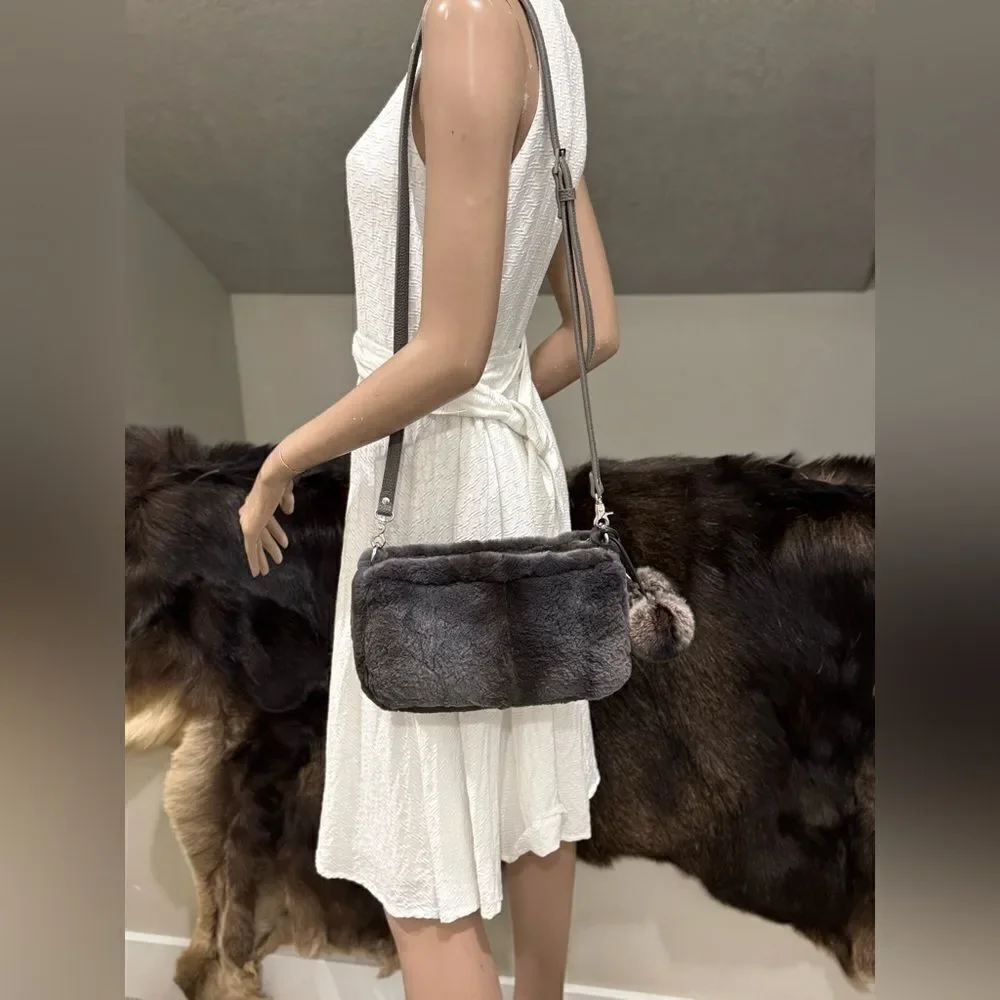 Gray Real Sheared Beaver Fur Handmade Double Zip Pillow Shoulder Bag/ Crossbody